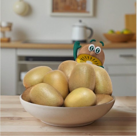 Zespri film still: a Kiwi Brother peeking over a bowl of kiwifruit in a kitchen