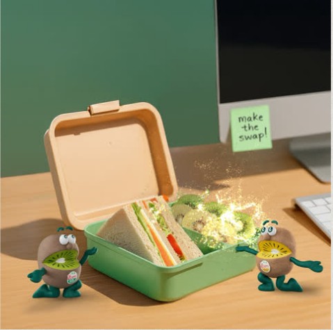 Zespri film still: Kiwi Brothers swapping a sandwich lunchbox with kiwifruit
